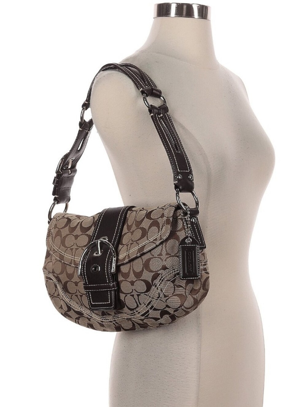 Coach Soho Beige Signature Canvas Shoulder Bag with Brown Trim